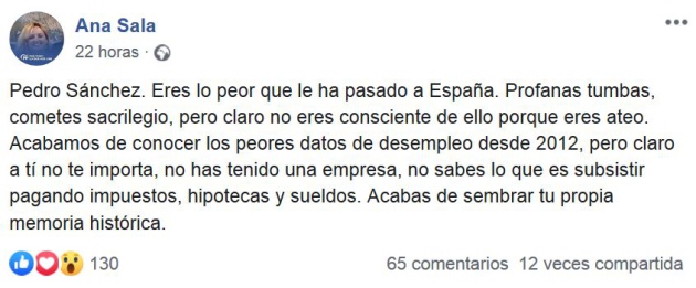 "Profanador de tumbas, sacrílego y ateo", la alcaldesa de Calpe arremete contra Pedro Sánchez "Profanador de tumbas, sacrílego y ateo", la alcaldesa de Calpe arremete contra Pedro Sánchez