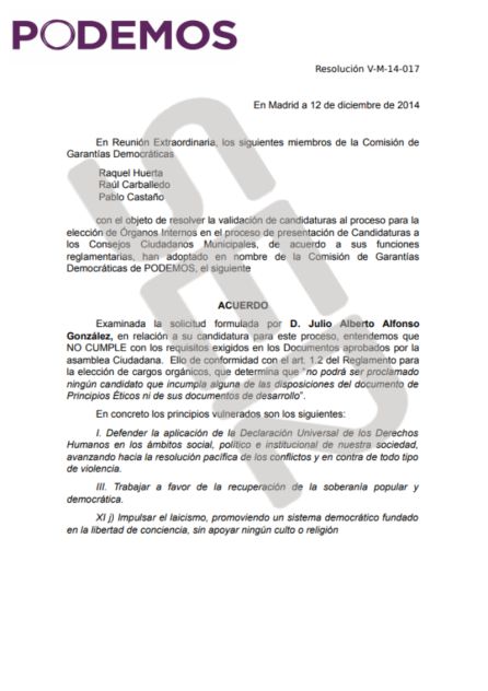 Dictamen de la Comisión de Garantías Democráticas de Podemos donde vetaron al actual secretario de organización en Móstoles por su pasado falangista Dictamen de la Comisión de Garantías Democráticas de Podemos donde vetaron al actual secretario de organización en Móstoles por su pasado falangista