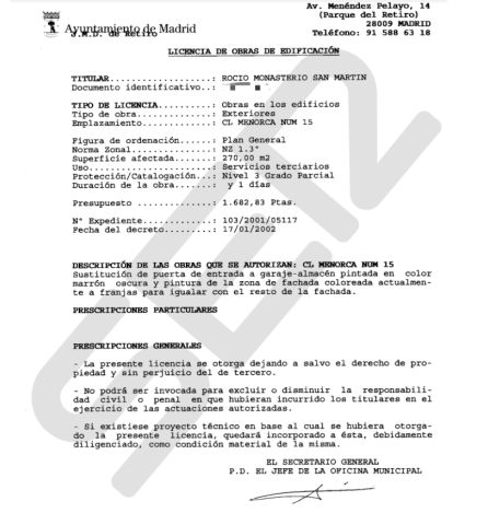 Licencia de obras solicitada por Rocío Monasterio para cambiar la puerta de entrada del garaje del local de la calle Menorca 15 Licencia de obras solicitada por Rocío Monasterio para cambiar la puerta de entrada del garaje del local de la calle Menorca 15