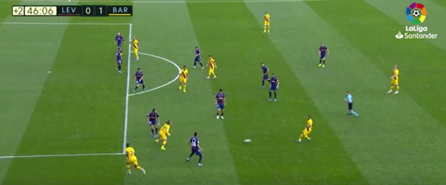 Todo el equipo defiende en bloque bajo para impedir pases interiores a Messi Todo el equipo defiende en bloque bajo para impedir pases interiores a Messi