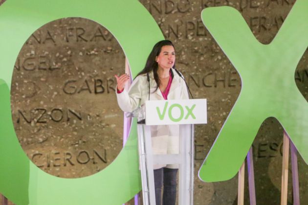 La portavoz de Vox en la Asamblea de Madrid, Rocío Monasterio interviene en un mitin del partido de Vox, en la Plaza de Colón La portavoz de Vox en la Asamblea de Madrid, Rocío Monasterio interviene en un mitin del partido de Vox, en la Plaza de Colón