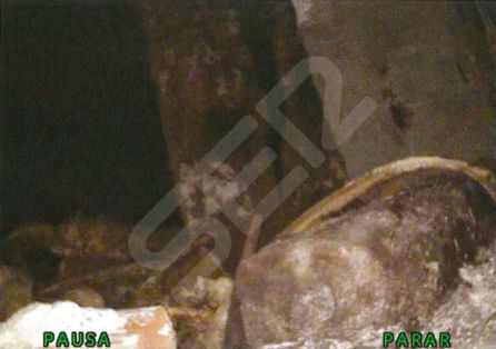 Imagen de la inspección con videoscopio de la Cala 25-Inmaculada en la que se observan restos cadavéricos y de maderas depositadas en el nivel 1 del trasdós de esta capilla. Imagen de la inspección con videoscopio de la Cala 25-Inmaculada en la que se observan restos cadavéricos y de maderas depositadas en el nivel 1 del trasdós de esta capilla.