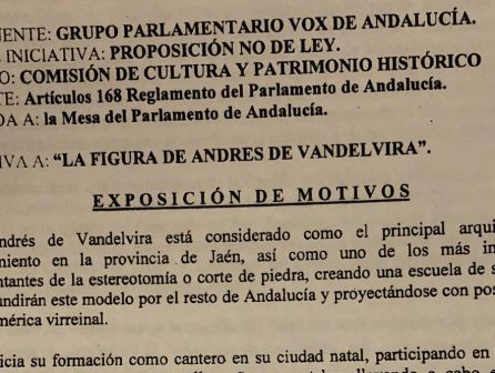 Proposición no de ley presentada por Vox para nombrar a Andrés de Vandelvira hijo predilecto de Andalucía. Proposición no de ley presentada por Vox para nombrar a Andrés de Vandelvira hijo predilecto de Andalucía.