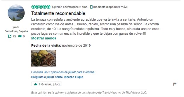 Comentario sobre la Taberna Luque en la web TripAdvisor Comentario sobre la Taberna Luque en la web TripAdvisor