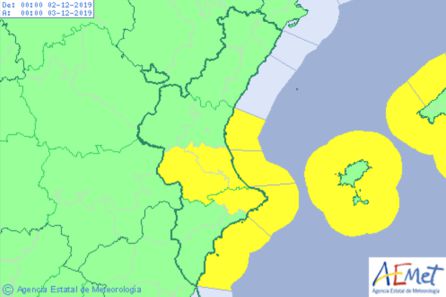 Avisos activos por la Agencia Estatal de Meteorología durante este lunes, 2 de diciembre, en la Comunitat Valenciana Avisos activos por la Agencia Estatal de Meteorología durante este lunes, 2 de diciembre, en la Comunitat Valenciana