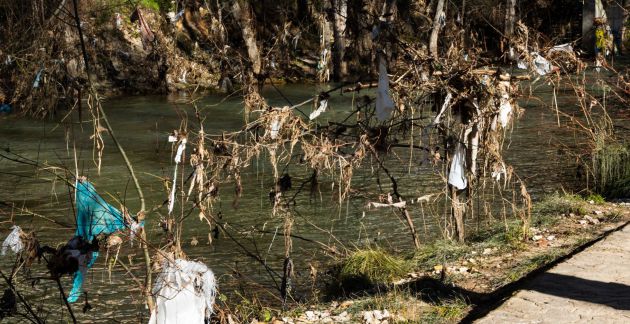 Los plásticos se han quedado enganchados en las ramas de la orilla del Júcar. Los plásticos se han quedado enganchados en las ramas de la orilla del Júcar.