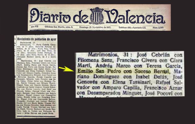 Referencia al matrimonio de Emilio San Pedro con Suceso Bernal (1917) Referencia al matrimonio de Emilio San Pedro con Suceso Bernal (1917)