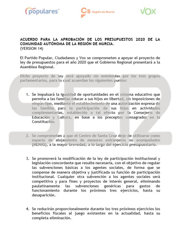 El borrador de acuerdo presupuestario entre PP, Cs y Vox sí incluye el pin parental El borrador de acuerdo presupuestario entre PP, Cs y Vox sí incluye el pin parental