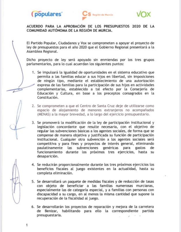 PP, Ciudadanos y Vox cierran un acuerdo para los presupuestos que incluye el 'pin parental' PP, Ciudadanos y Vox cierran un acuerdo para los presupuestos que incluye el 'pin parental'