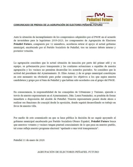 Este es el comunicado de la agrupación independiente donde explica sus motivos. Este es el comunicado de la agrupación independiente donde explica sus motivos.