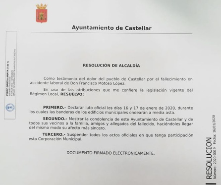 Resolución de alcaldía en la que se decretan dos días de luto oficial en la localidad de Castellar Resolución de alcaldía en la que se decretan dos días de luto oficial en la localidad de Castellar