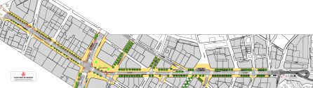 Diseño de la planta viaria que ha preparado la concejalía de Movilidad Sostenible del Ayuntamiento de València para el eje entre la avenida del Oeste y la plaza de España. Diseño de la planta viaria que ha preparado la concejalía de Movilidad Sostenible del Ayuntamiento de València para el eje entre la avenida del Oeste y la plaza de España.
