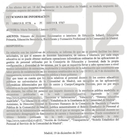 El gobierno de Ayuso ignora la cifra de funcionarios e interinos en las aulas El gobierno de Ayuso ignora la cifra de funcionarios e interinos en las aulas