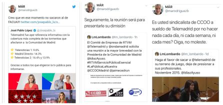 Tres de los tuits de Miguel Ángel Rodríguez contra Telemadrid. Tres de los tuits de Miguel Ángel Rodríguez contra Telemadrid.