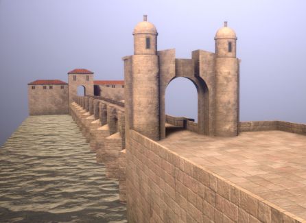 Recreación 3D da Ponte do Burgo de Pontevedra na época medieval Recreación 3D da Ponte do Burgo de Pontevedra na época medieval