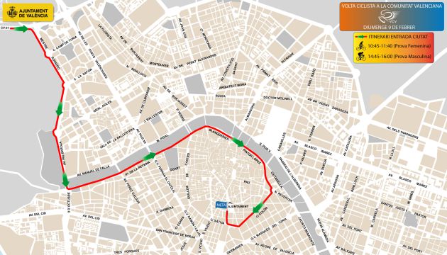 Recorrido de la Vuelta Ciclista a la Comunitat Valenciana a su paso por València Recorrido de la Vuelta Ciclista a la Comunitat Valenciana a su paso por València