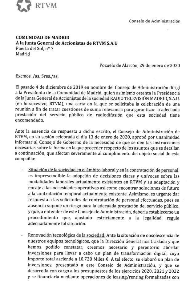 Carta remitida por el Consejo de Administración de RTVM al Consejo de Gobierno Carta remitida por el Consejo de Administración de RTVM al Consejo de Gobierno