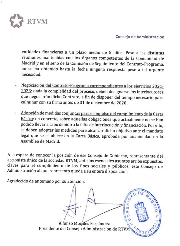 Carta remitida por el Consejo de Administración de RTVM al Consejo de Gobierno Carta remitida por el Consejo de Administración de RTVM al Consejo de Gobierno