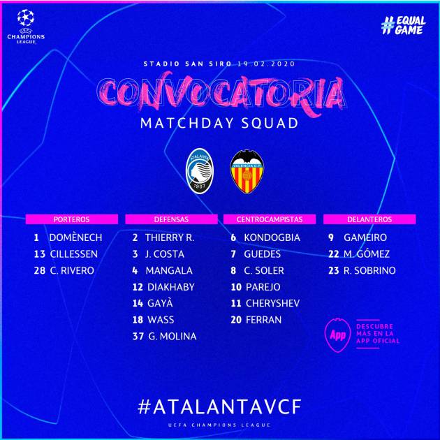 Convocatoria Atalanta - Valencia Convocatoria Atalanta - Valencia