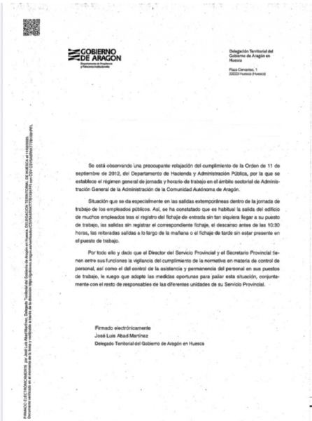 Carta enviada a los responsables de los servicios provinciales de la DGA en Huesca Carta enviada a los responsables de los servicios provinciales de la DGA en Huesca