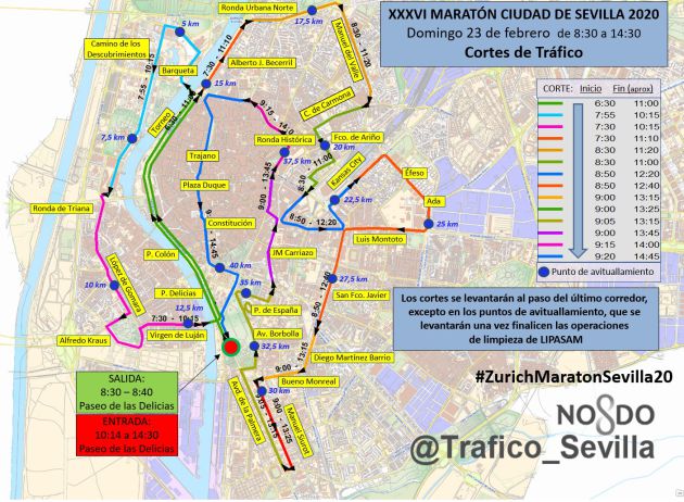 Recorrido del maratón de Sevilla, con las afecciones de tráfico Recorrido del maratón de Sevilla, con las afecciones de tráfico