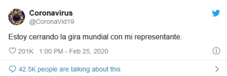 Tuit oficial del perfil @CoronaVid19 Tuit oficial del perfil @CoronaVid19