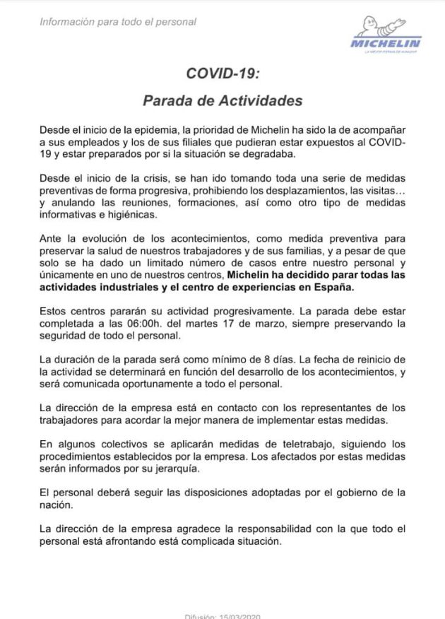 Comunicado enviado por la dirección de Michelín a la plantilla Comunicado enviado por la dirección de Michelín a la plantilla