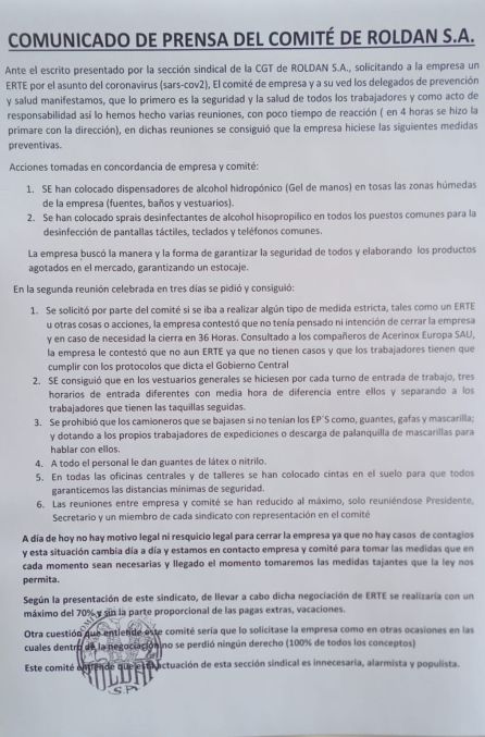 Comunicado del Comité de empresa Comunicado del Comité de empresa
