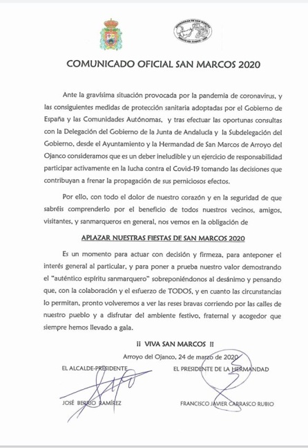 Comunicado conjunto de ayuntamiento y hermandad Comunicado conjunto de ayuntamiento y hermandad