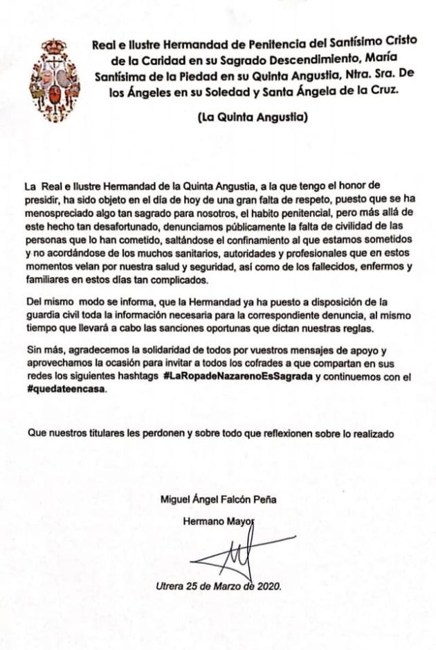 Comunicado de la Hermandad de la Quinta Angustia de Utrera Comunicado de la Hermandad de la Quinta Angustia de Utrera