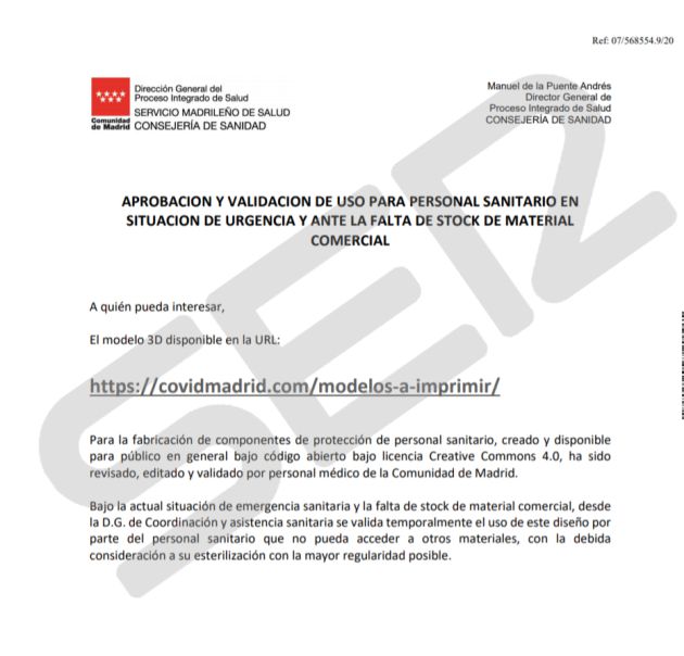 Autorización de la Consejería de Sanidad para la utilización de las protecciones impresas en 3D Autorización de la Consejería de Sanidad para la utilización de las protecciones impresas en 3D