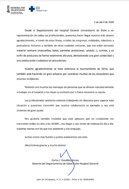 Carta del Hospital de Elche a la ciudadanía Carta del Hospital de Elche a la ciudadanía