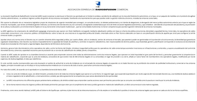 Comunicado de la Asociación Española de Radiodifusión Comercial (AERC) Comunicado de la Asociación Española de Radiodifusión Comercial (AERC)