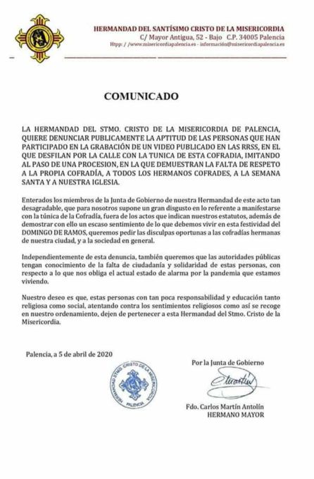 Comunicado condenando el vídeo donde dos personas procesionan con papel higiénico en Palencia durante el Estado de Alarma Comunicado condenando el vídeo donde dos personas procesionan con papel higiénico en Palencia durante el Estado de Alarma
