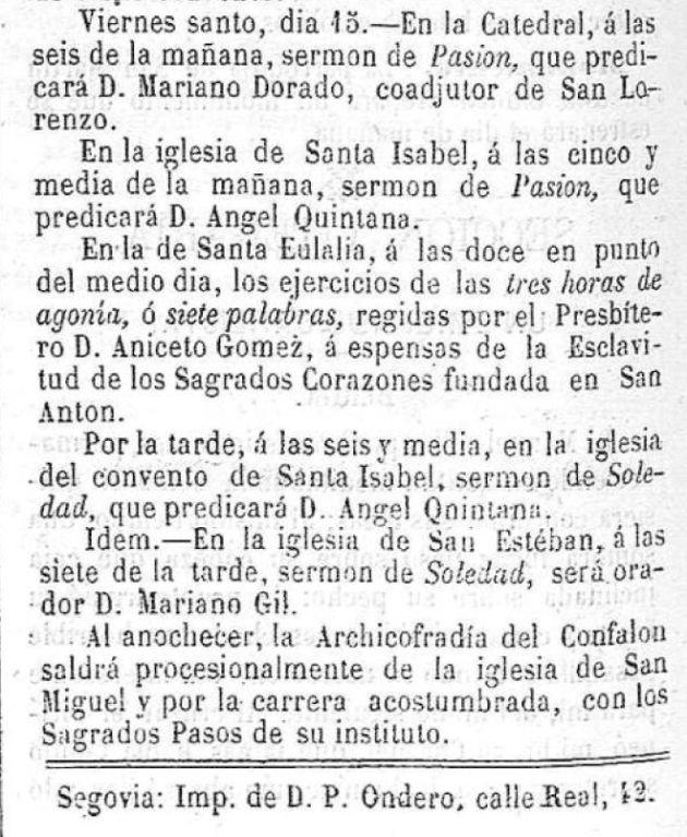Recorte de la publicación "EL AMIGO DEL VERDADERO DEL PUEBLO" con la programacion de la Semana Santa de Segovia 1870 Recorte de la publicación "EL AMIGO DEL VERDADERO DEL PUEBLO" con la programacion de la Semana Santa de Segovia 1870