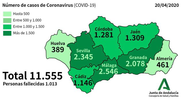 Mapa de incidencia del COVID-19 en Andalucía a fecha 20 de abril Mapa de incidencia del COVID-19 en Andalucía a fecha 20 de abril