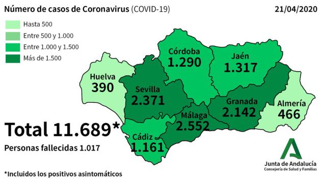 Mapa de la incidencia del COVID-19 en Andalucía a fecha del 21 de abril de 2020 Mapa de la incidencia del COVID-19 en Andalucía a fecha del 21 de abril de 2020