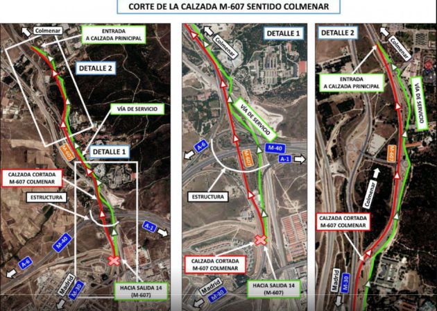 Detalle del desvío del tráfico por los cortes en la M-607 Detalle del desvío del tráfico por los cortes en la M-607
