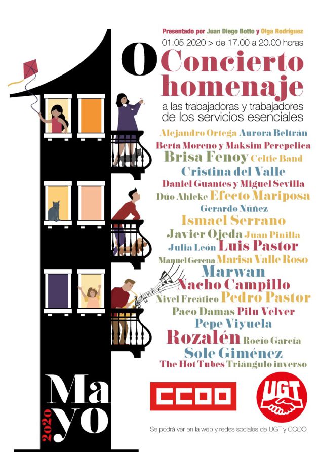 Cartel del concierto homenaje a los trabajadores de los servicios esenciales, organizado por CCOO y UGT el 1 de mayo de 2020 Cartel del concierto homenaje a los trabajadores de los servicios esenciales, organizado por CCOO y UGT el 1 de mayo de 2020