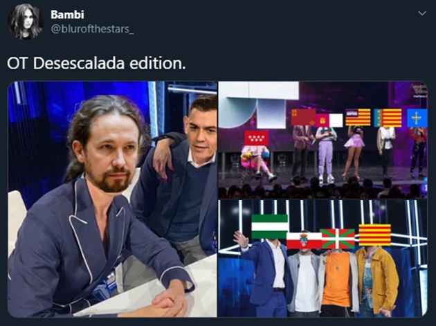 Meme recogido en Twitter con motivo de la desescalada en fases. Meme recogido en Twitter con motivo de la desescalada en fases.