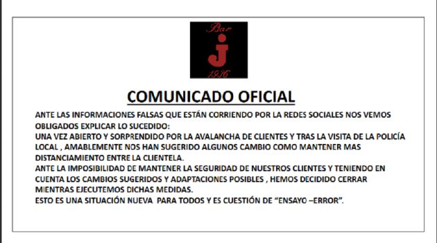 Comunicado emitido por la dirección del Bar Jota Comunicado emitido por la dirección del Bar Jota