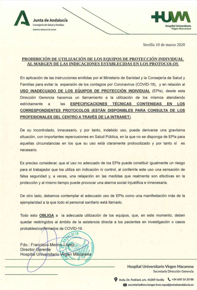 Carta de la Gerencia del Hospital Macarena del 10 de marzo de 2020 en la que se restringía el uso de los equipos de protección al personal del centro. Carta de la Gerencia del Hospital Macarena del 10 de marzo de 2020 en la que se restringía el uso de los equipos de protección al personal del centro.