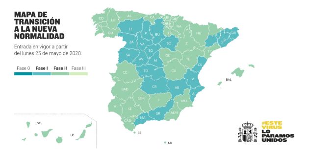 Mapa de la situación de cada provincia en la desescalada. Mapa de la situación de cada provincia en la desescalada.
