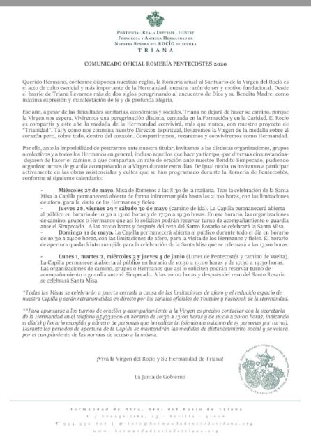 Comunicado oficial de la Hermandad del Rocío de Triana Comunicado oficial de la Hermandad del Rocío de Triana
