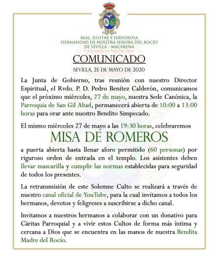 Comunicado de la Hermandad del Rocío de la Macarena Comunicado de la Hermandad del Rocío de la Macarena