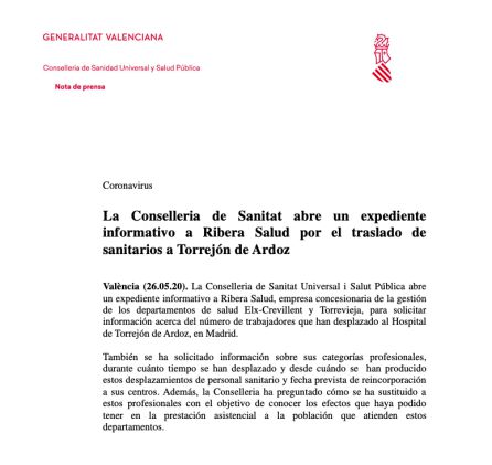 Comunicado de la Generalitat Valenciana anunciando la apertura de un expediente informativo a Ribera Salud Comunicado de la Generalitat Valenciana anunciando la apertura de un expediente informativo a Ribera Salud