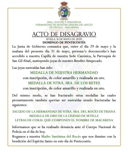 Comunicado emitido por la Hermandad del Rocío de la Macarena Comunicado emitido por la Hermandad del Rocío de la Macarena