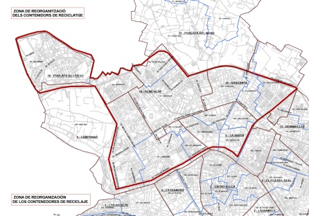 Mapa de la reorganización de los contenedores de reciclaje en los barrios del Norte de la ciudad de València. Mapa de la reorganización de los contenedores de reciclaje en los barrios del Norte de la ciudad de València.