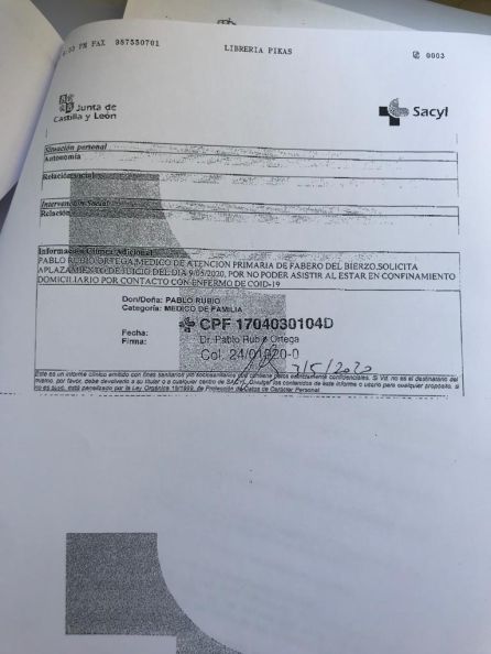 El justificante médico presentado y firmado por Pablo Rubio El justificante médico presentado y firmado por Pablo Rubio