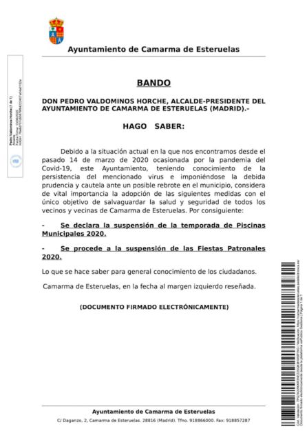 Bando Municipal que anuncia la suspensión de la temporada de piscinas y las Fiestas Patronales 2020 Bando Municipal que anuncia la suspensión de la temporada de piscinas y las Fiestas Patronales 2020